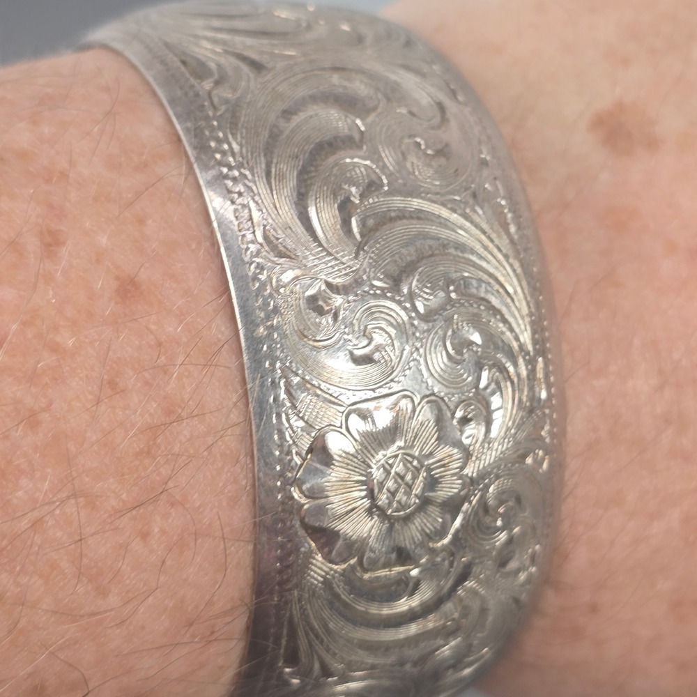 Vintage Wage Sterling Plated Engraved Floral Western Scroll Cuff Bracelet 6.75"